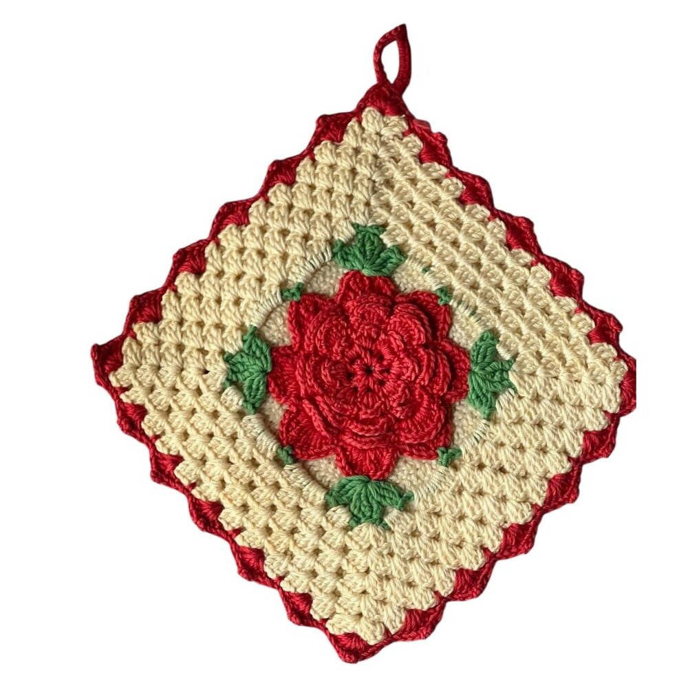 Hand Crocheted Pot Holder Floral Center Red Cream Cottage Core Shabby Chic Gift